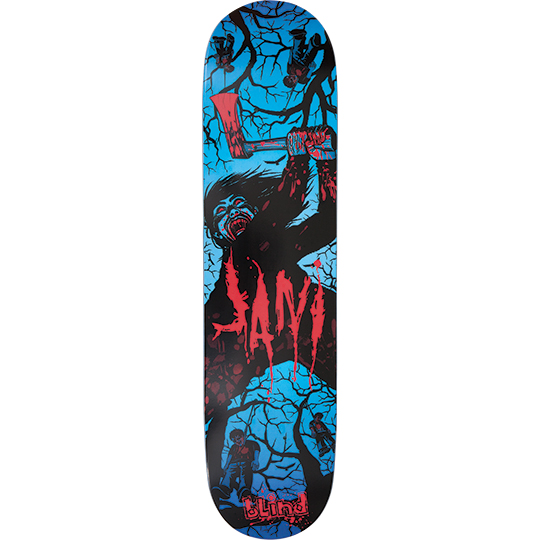 Blind Jani Laitiala Axe Murderer skateboard deck: Snarling long-haired axe murderer with blood-red eyes raising a bloody axe among bare branches, with hanged figures at top and bottom. Dripping red Jani lettering on a blue and black deck.