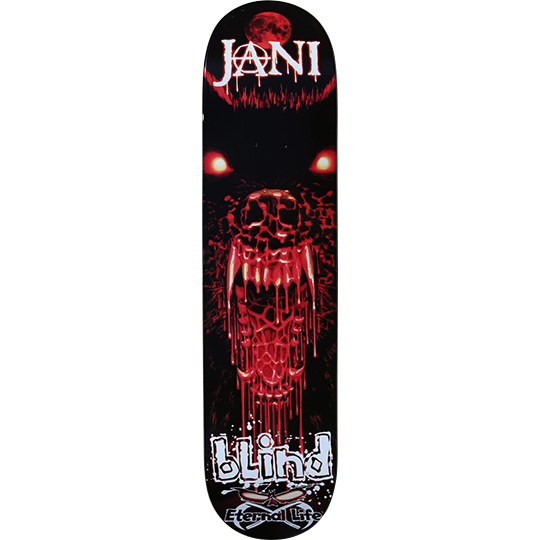 Blind Jani Laitiala Bad Wolf skateboard deck: Snarling wolf head in red and black with glowing eyes, bared fangs and blood dripping from its open mouth, under a blood-red moon. JANI in gothic lettering with an anarchy A at the nose, Blind logo at the tail.