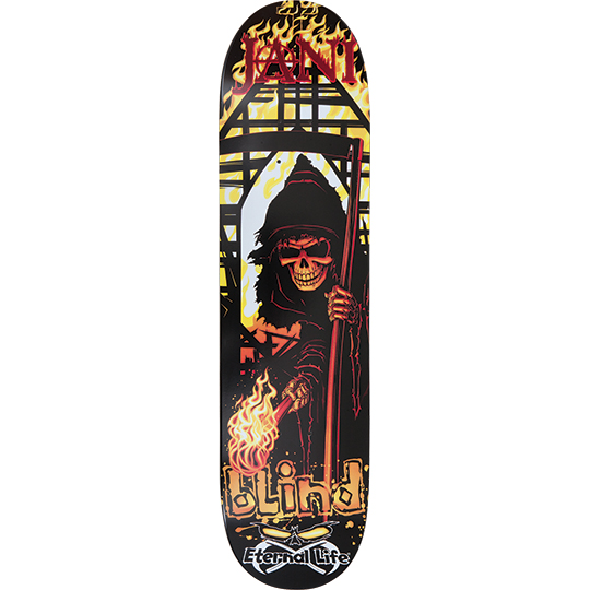 Blind Jani Laitiala Fire skateboard deck: Hooded grim reaper skeleton holding a scythe and a flaming torch, in front of a burning scaffold-like structure. Name in red lettering at the top, with the Blind logo and an Eternal Life logo below.