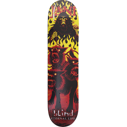 Blind Jani Laitiala Guardian skateboard deck: Skeletal hooded reaper figure behind a three-headed snarling hound in red and black, with yellow flames behind. JANI at the nose, Blind and Eternal Life at the tail.