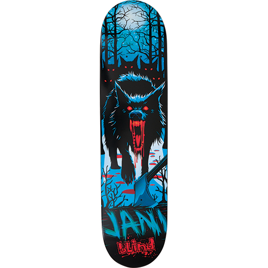 Blind Jani Laitiala Wolves skateboard deck: Snarling bloody-mouthed wolf with glowing red eyes stalking through a moonlit snowy forest, a bloodied axe in the foreground and more red-eyed wolves lurking behind. Dark blue, black and red palette.