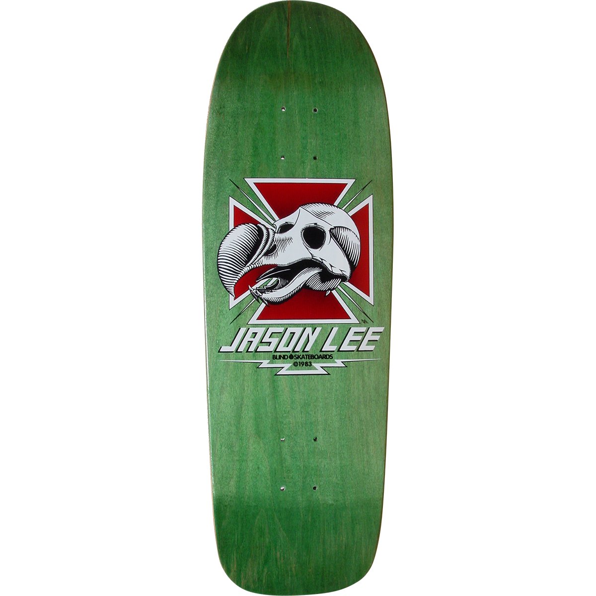 Blind Jason Lee Dodo Skull skateboard deck: A dodo skull with an open beak and tongue sits on a red Maltese-style cross with green rays, above 'Jason Lee' and a Blind Skateboards 1983 line, on a green-stained old-school shape.