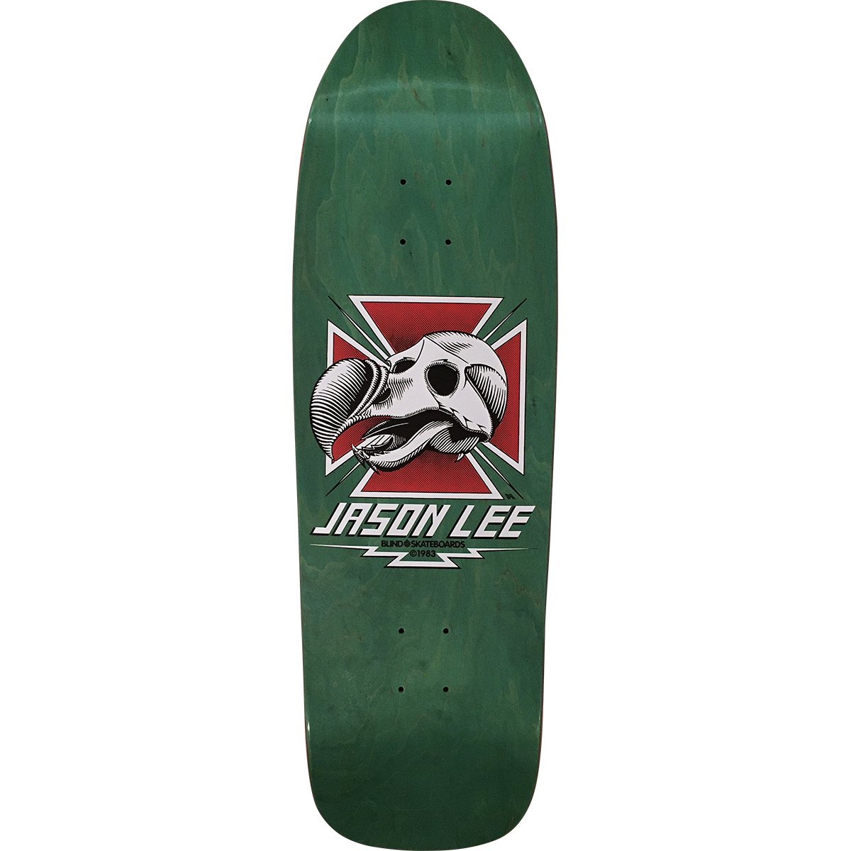 Blind Jason Lee Dodo Skull Reissue skateboard deck: A white dodo skull with an open beak sits in front of a red Maltese-style cross with radiating lines, above 'Jason Lee' in white lettering and small Blind copyright text, on a green-stained old-school shape.