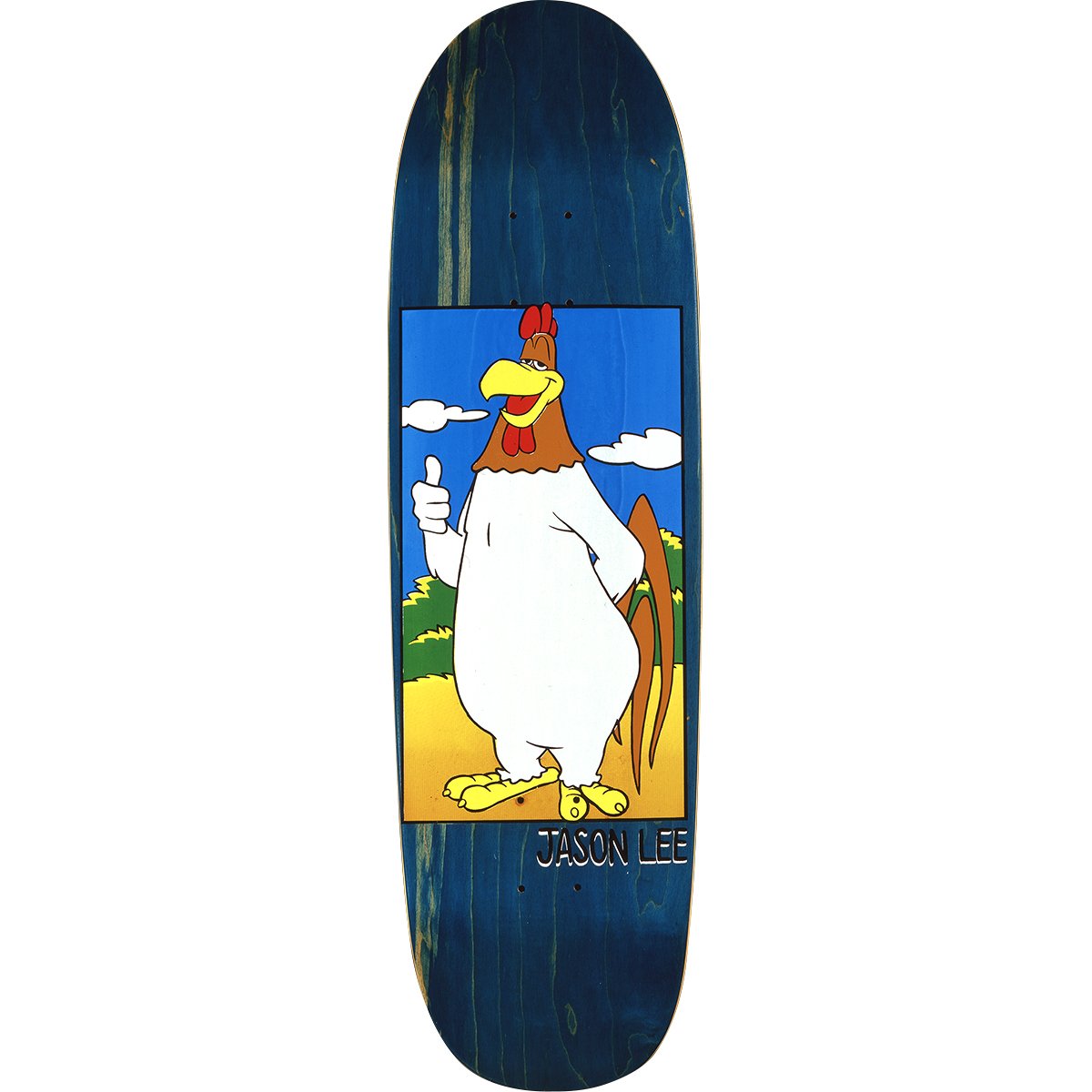 Blind Jason Lee WB Ripoff Series skateboard deck: A cartoon rooster giving a thumbs-up in a framed scene of blue sky, clouds and grass, with the name JASON LEE below, on a blue-stained deck.