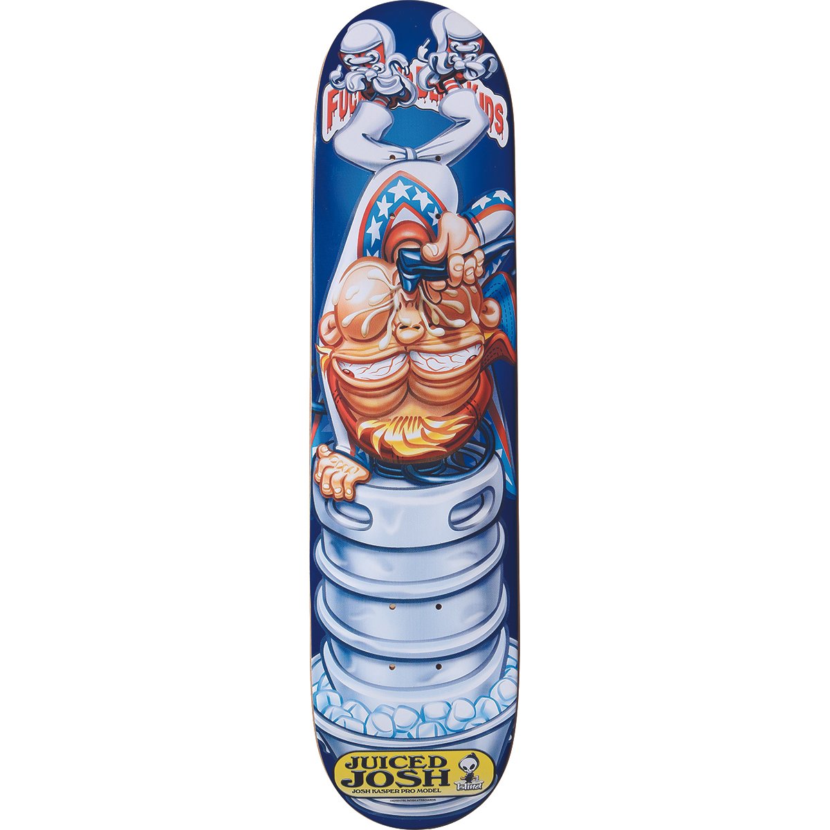 Blind Josh Kasper Juiced Josh skateboard deck: Airbrushed cartoon of a grinning man upside down in a handstand on a beer keg on ice, wearing a stars-and-stripes cape and white boots, on a blue deck. A yellow name plate sits at the bottom.