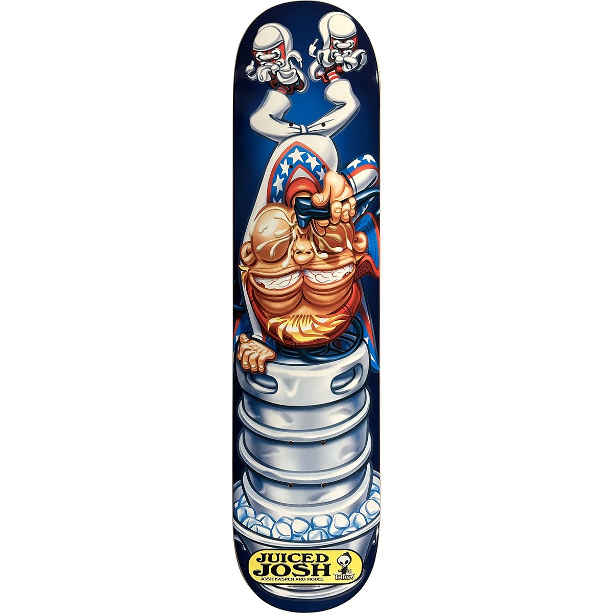 Blind Josh Kasper Juiced Josh (pg version) skateboard deck: Airbrushed cartoon of a grinning man in a stars-and-stripes cape doing a handstand on a beer keg packed in ice, his white-booted feet in the air. Yellow Juiced Josh label with Blind logo at the tail.