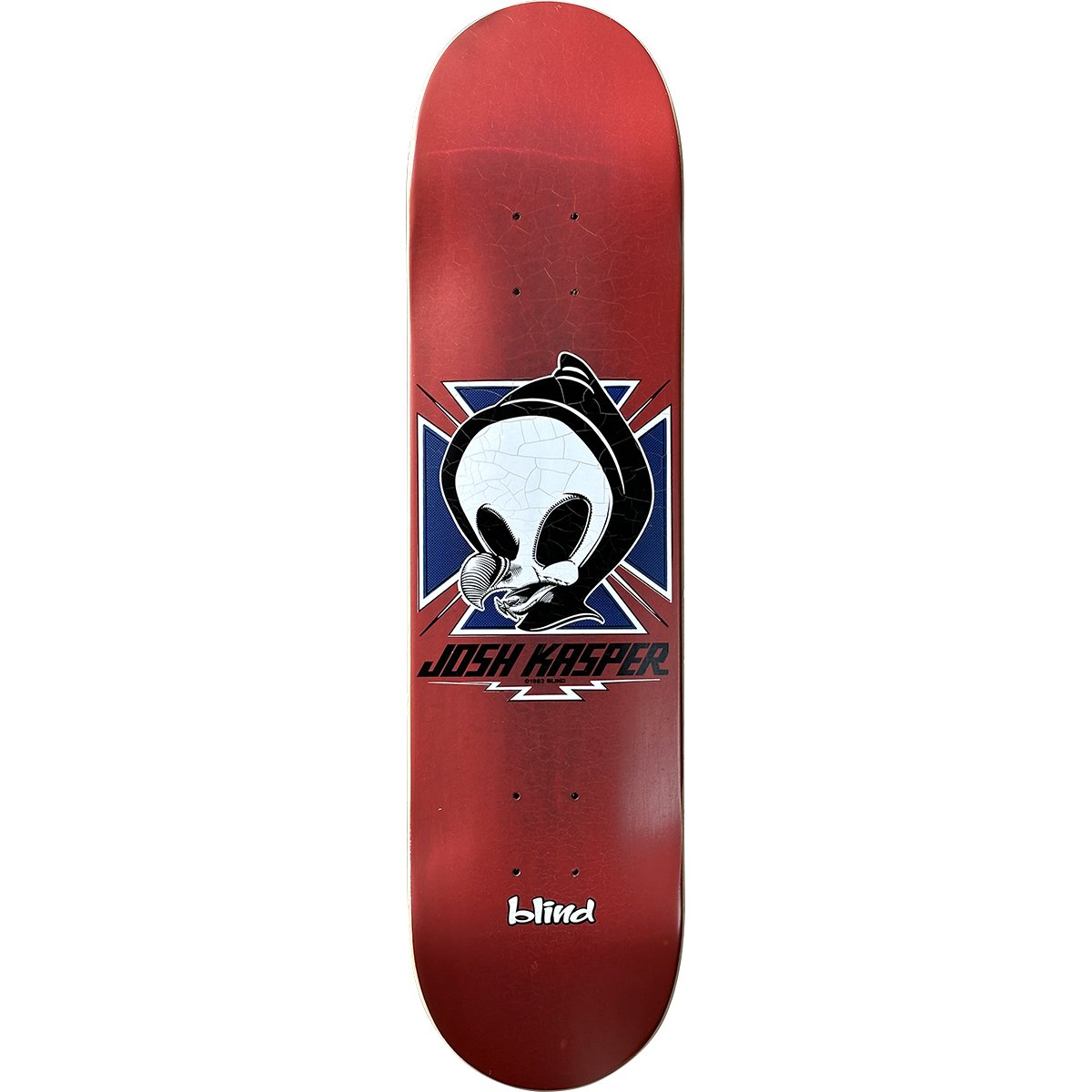 Blind Josh Kasper Reaper Dodo Skull skateboard deck: Blind's hooded reaper character with a cracked white skull face and a tongue, over a blue iron cross with a lightning bolt, with JOSH KASPER across it. Blind logo at the tail on a red stained deck.