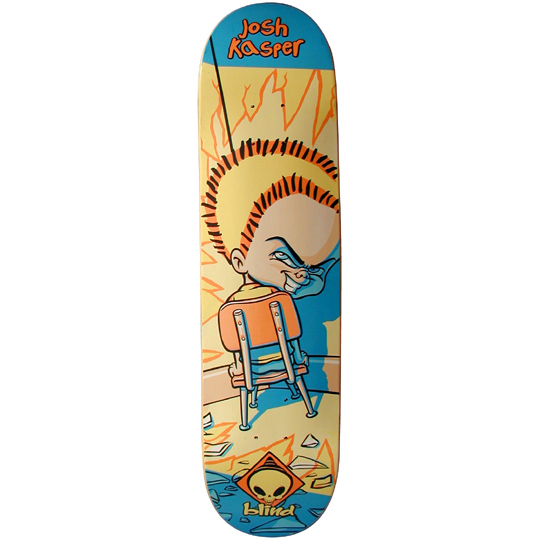 Blind Josh Kasper Timeout skateboard deck: Cartoon of a spiky-haired schoolboy with an evil grin sitting backwards on a classroom chair in the corner, with orange flames behind him and papers on the floor. Blind skull logo at the tail.