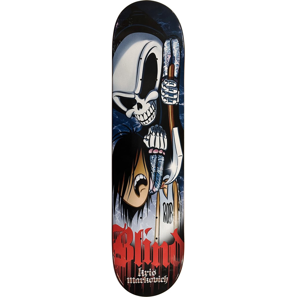 Blind Kris Markovich Hard Life skateboard deck: Cartoon grim reaper in a white hood with a tattooed skeletal hand gripping a scythe, looming over a screaming black-haired character. Red dripping Blind lettering and Kris Markovich at the bottom.