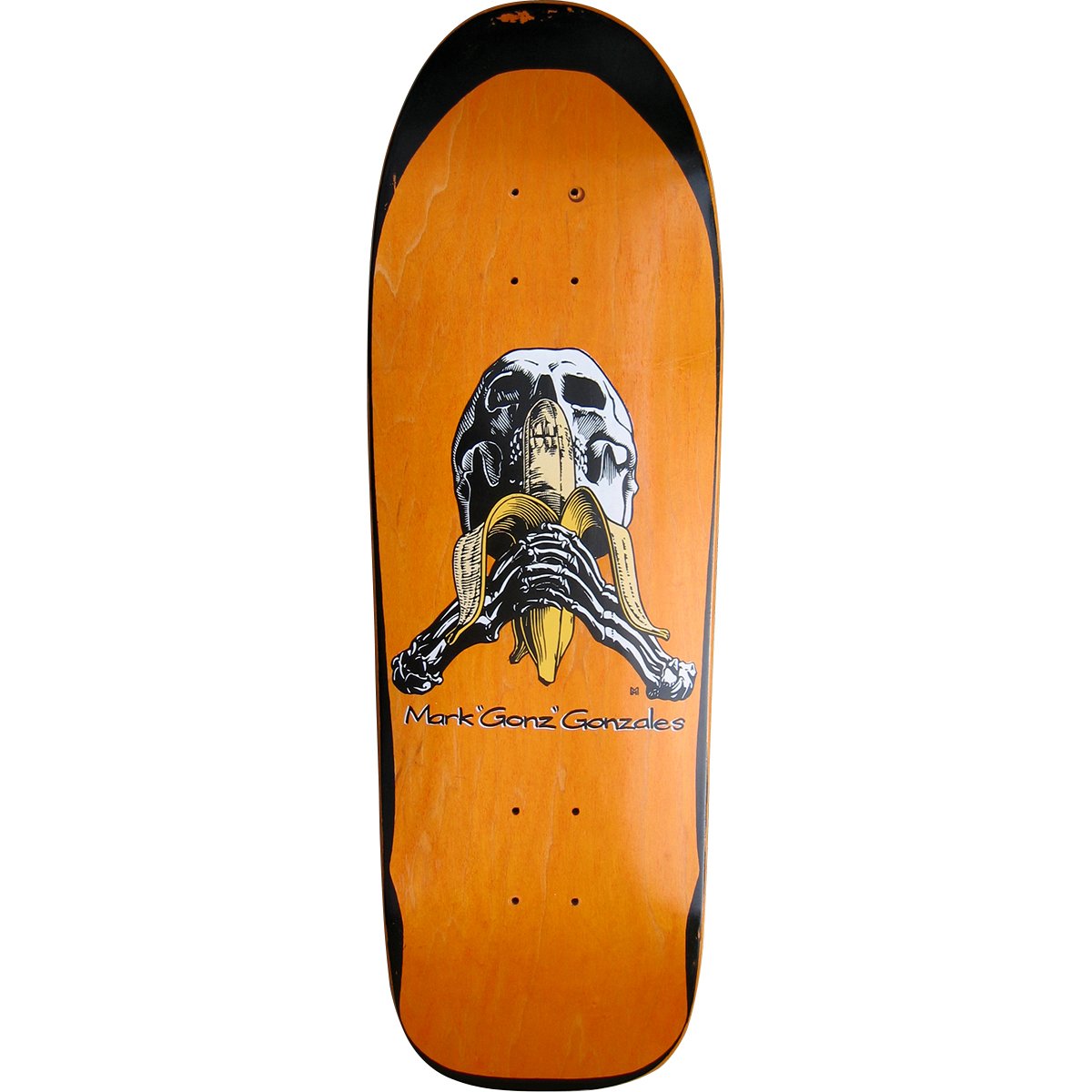 Blind Mark Gonzales Skull and Banana skateboard deck: A white skull with skeletal hands peeling and eating a banana, drawn in black line with yellow banana, above the name Mark "Gonz" Gonzales on an orange-stained old-school shape with black edges.