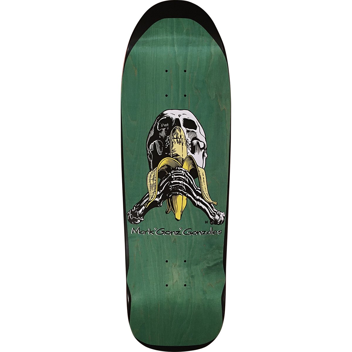 Blind Mark Gonzales Skull And Banana Reissue skateboard deck: A skull with a peeled banana held across its mouth by skeletal hands, drawn in a detailed engraving style, with 'Mark "Gonz" Gonzales' lettered below, on a green-stained old-school shape with a black edge.