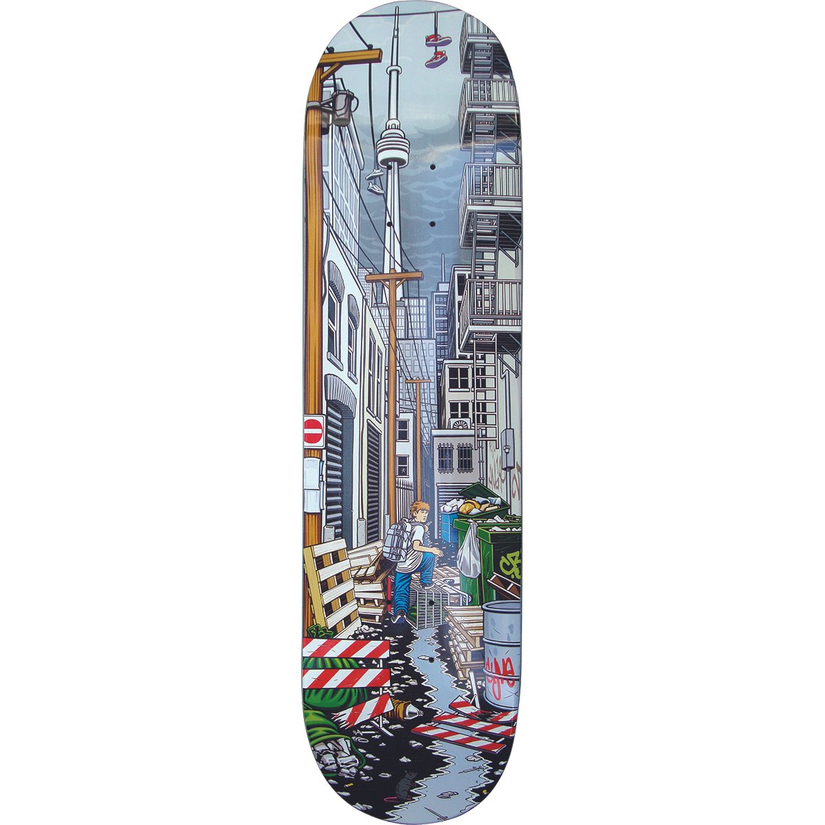 Blind Morgan Smith Lost Boy skateboard deck: A detailed illustration of a narrow city alley with a CN-Tower-style skyline, fire escapes, skips, hazard barriers and hanging trainers. A young man with a backpack climbs over debris in the foreground.