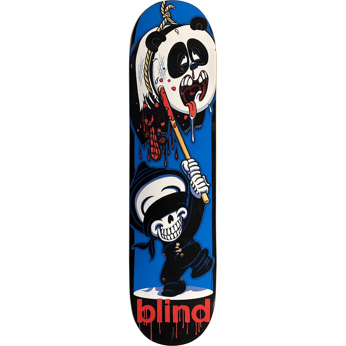 Blind Piñata skateboard deck: Cartoon reaper character in a sailor-style hat swinging a stick at a bloodied panda hanging from a noose like a piñata, on a blue background. Dripping red 'blind' lettering at the tail.