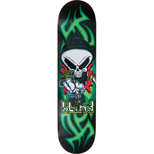 Blind Poison skateboard deck: Hooded Blind reaper skull holding a tattoo machine in a white-gloved hand, set against green tribal-style flame shapes on a black deck, with a yellow-outlined blind logo beneath.