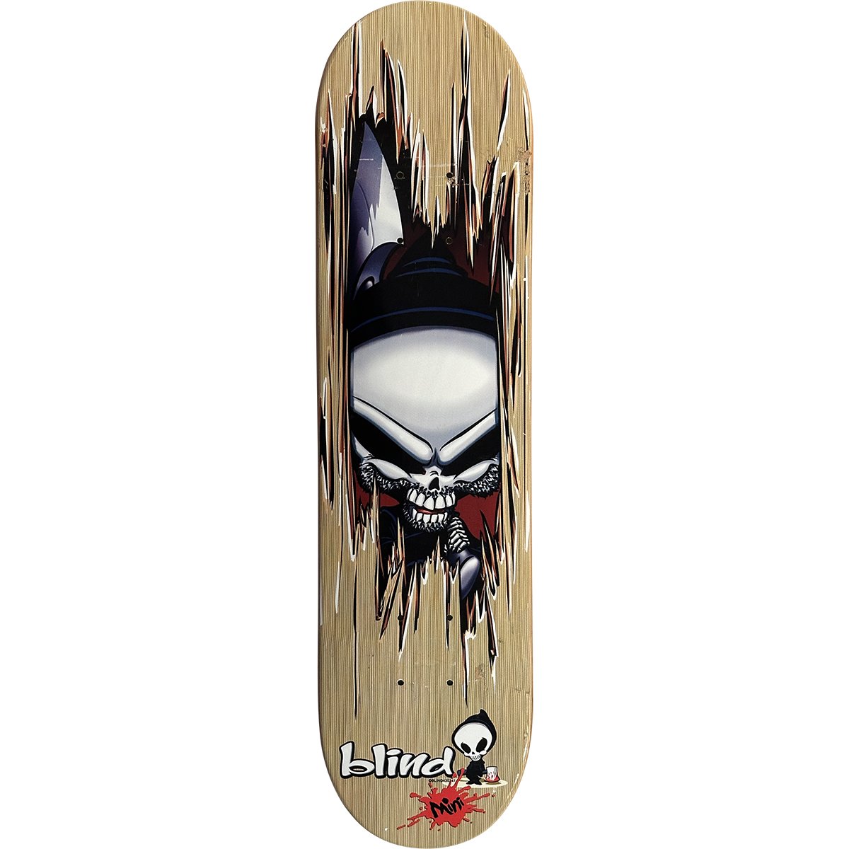 Blind Reaper Axe (mini) skateboard deck: Blind reaper skull with a bearded chin and a helmet-like hood bursting through torn wood, with an axe blade behind. Small Blind logo with a mini reaper character and red splat at the bottom. Natural wood background.