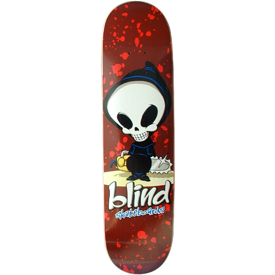Blind Reaper Chainsaw skateboard deck: Cartoon Blind Reaper with a big white skull face and dark hood, sitting beside a yellow chainsaw on a cream patch, against a dark red background splattered with red blood spots. Blind skateboards logo below.