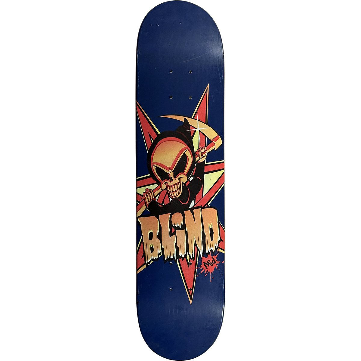 Blind Reaper Collector skateboard deck: Navy deck with a cartoon grinning reaper skull in a black hood, holding a scythe, in front of a red and yellow star. The Blind name sits below in dripping orange letters with a small red signature splat.