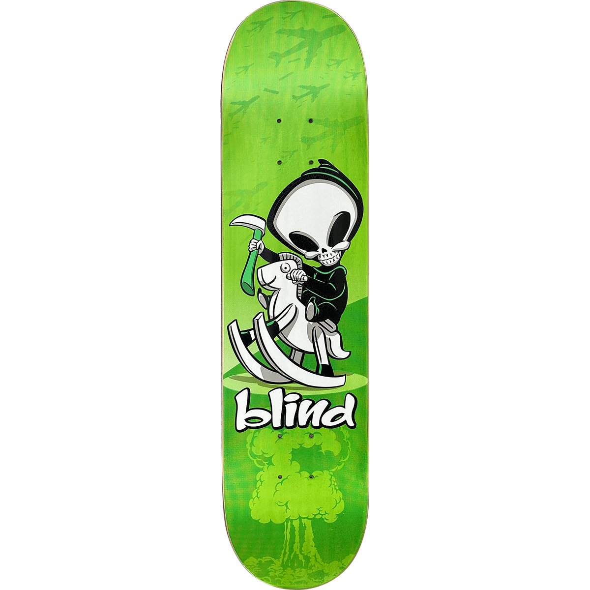 Blind Reaper Crazy Horse skateboard deck: Cartoon Blind reaper in a black hood riding a white rocking horse and holding a scythe, with the blind logo below and a faint mushroom cloud on a bright green deck.