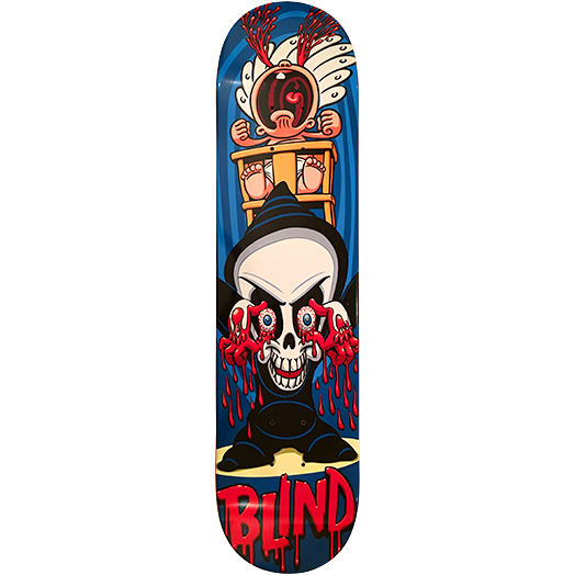 Blind Reaper Peepers skateboard deck: Cartoon reaper in a dark hood holding up bloody hands to its tear-filled bulging eyeballs, with a screaming baby in a high chair above with blood streaming from its head. Dripping red 'BLIND' lettering.