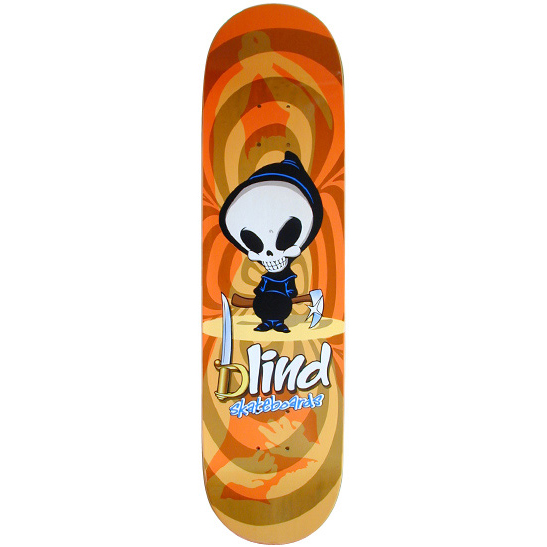 Blind Reaper Saber skateboard deck: A cartoon grim reaper with a large white skull and black hood, holding an axe, with a sabre beside the brand logo, on an orange swirling background with faint hand shapes.