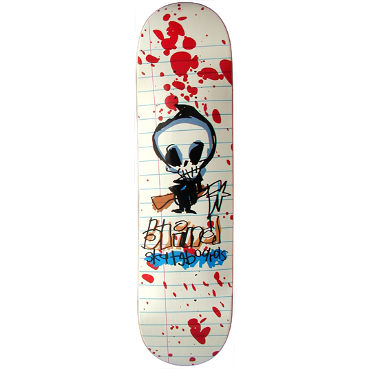 Blind Reaper Scribble skateboard deck: Lined notebook paper background with red blood splatters and a childlike scribbled reaper with a pale blue hood, a skull face and a rifle. Scrawled 'Blind skateboards' lettering below in orange and blue.