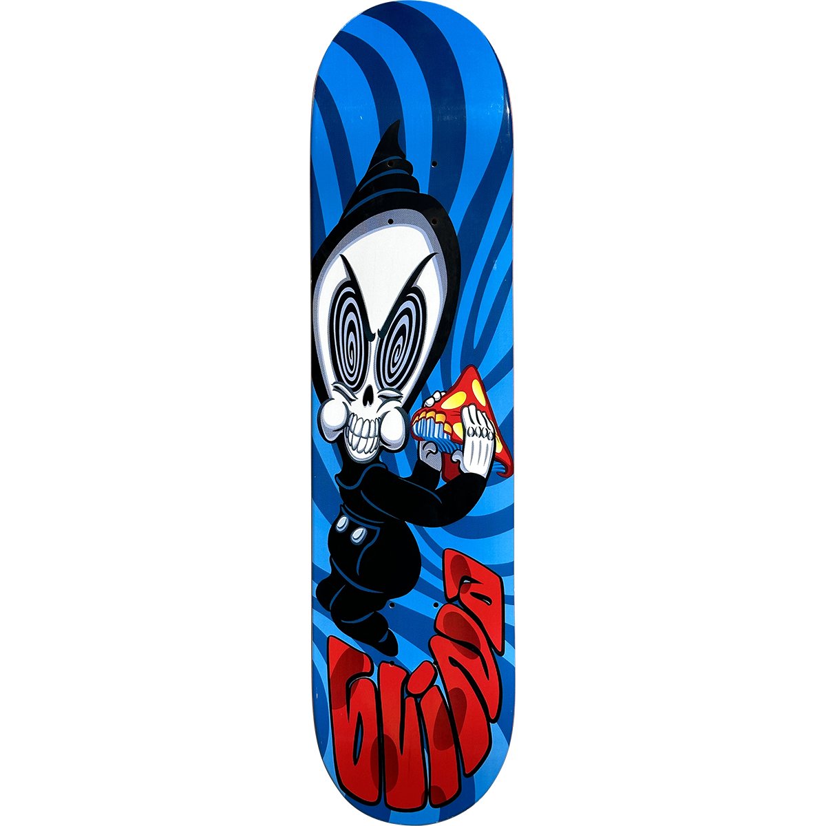 Blind Reaper Shroompa Loompa skateboard deck: Cartoon Blind reaper with a swirly-eyed skull face and black hood, biting a mushroom, against a blue spiral background, with red bubble lettering at the bottom.