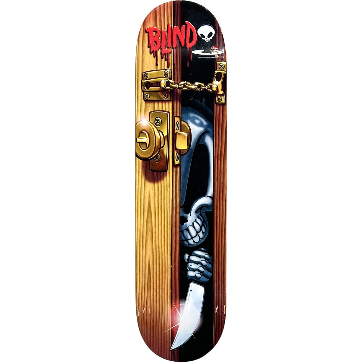 Blind Reaper Slasher skateboard deck: Wooden door with brass lock and chain, opened slightly to reveal a Blind reaper skull in the dark gap gripping a gleaming knife. Red dripping Blind lettering and a small skull logo at the top.