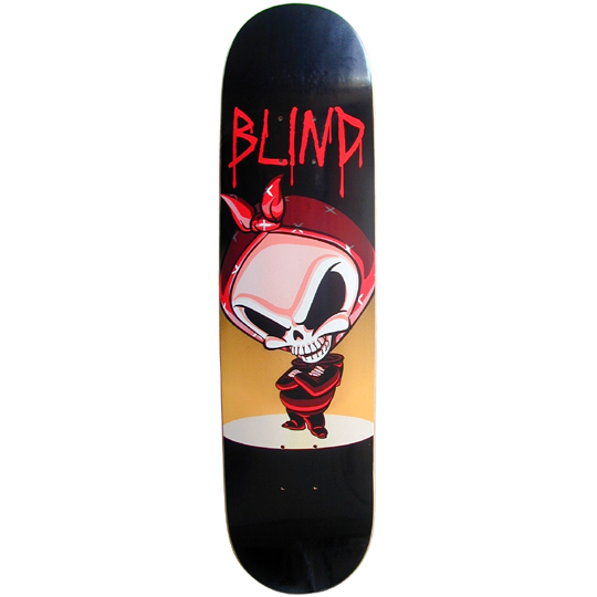 Blind Reaper Thugsta skateboard deck: Cartoon Reaper kid with a big skull head wearing a red bandana, arms crossed in a spotlight on a gold backdrop, on a black deck. Blind in dripping red letters across the top.