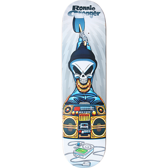 Blind Ronnie Creager Boombox 2 skateboard deck: Cartoon Blind reaper in a beanie and gold chain sits cross-legged on a gold boombox, raising a mallet overhead, with an iPod and earphones below. Grey radiating rays behind; rider name in blue lettering at top.