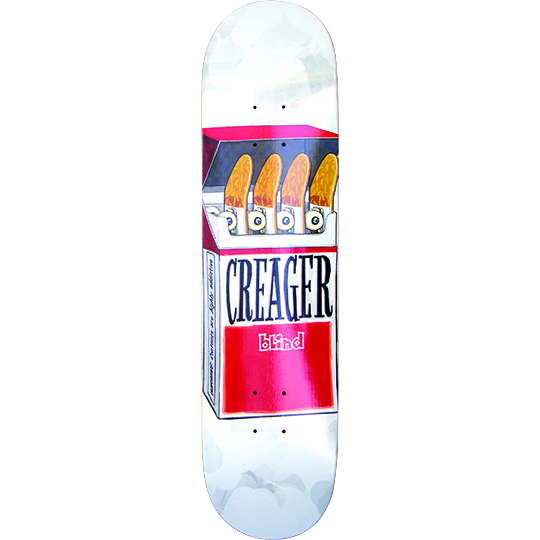 Blind Ronnie Creager Good Habits Series skateboard deck: A red and white cigarette packet with a health warning on the side, open to show four cigarettes drawn as skateboard trucks with wheels. CREAGER and the Blind logo are on the front, on a white deck with grey smoke clouds.