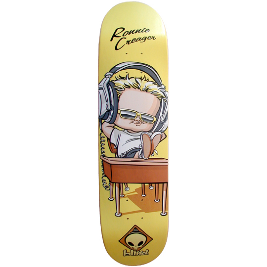 Blind Ronnie creager Headphonze skateboard deck: Cartoon baby with blond spiky hair and gold sunglasses wearing large headphones, feet up on a school desk, on a yellow deck. Blind skull diamond logo at the bottom.