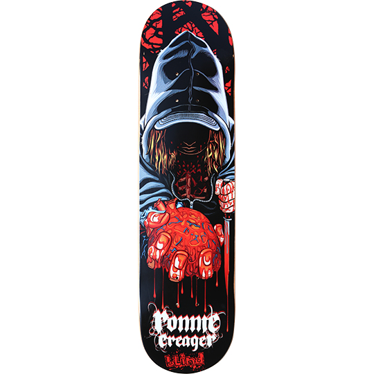 Blind Ronnie Creager Heart skateboard deck: A hooded figure with long hair and no visible face holds a dripping anatomical heart in one hand and a knife in the other, against a black background with red branch-like patterns. Gothic Ronnie Creager lettering and Blind logo below.