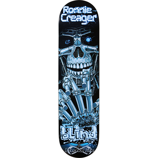 Blind Ronnie Creager Killing Machine skateboard deck: Blue-lit chrome robot skull with glowing eyes and a skeletal mechanical hand raised in front, on a black deck. Ronnie Creager in glowing letters at the nose, Blind and Eternal Life at the tail.