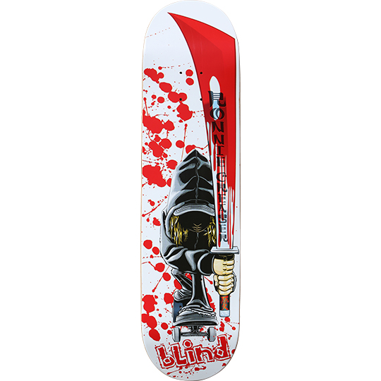 Blind Ronnie Creager Ninja Sword skateboard deck: Hooded ninja figure in a grey cloak riding a skateboard and gripping a huge katana whose red blade runs up the deck, with red blood splatters on white. Blind logo in red at the bottom; rider name along the blade.