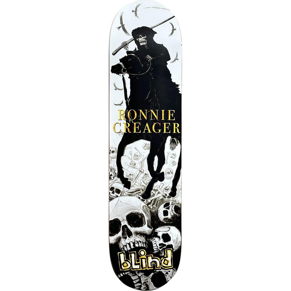 Blind Ronnie Creager Polo (unreleased) skateboard deck: White deck with a black silhouette of a skeletal Grim Reaper on horseback holding a polo mallet, above a pile of skulls and bones, with birds in the sky. Rider name in yellow serif capitals and yellow Blind logo.