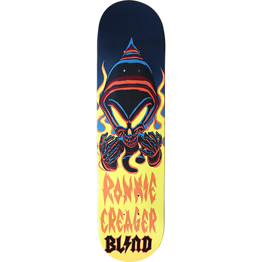 Blind Ronnie Creager Spooky Reaper skateboard deck: A hooded skeletal reaper with glowing yellow eyes and skeleton hands, surrounded by flames, in navy, orange and blue. The rider's name is in flame-style lettering above the Blind logo.