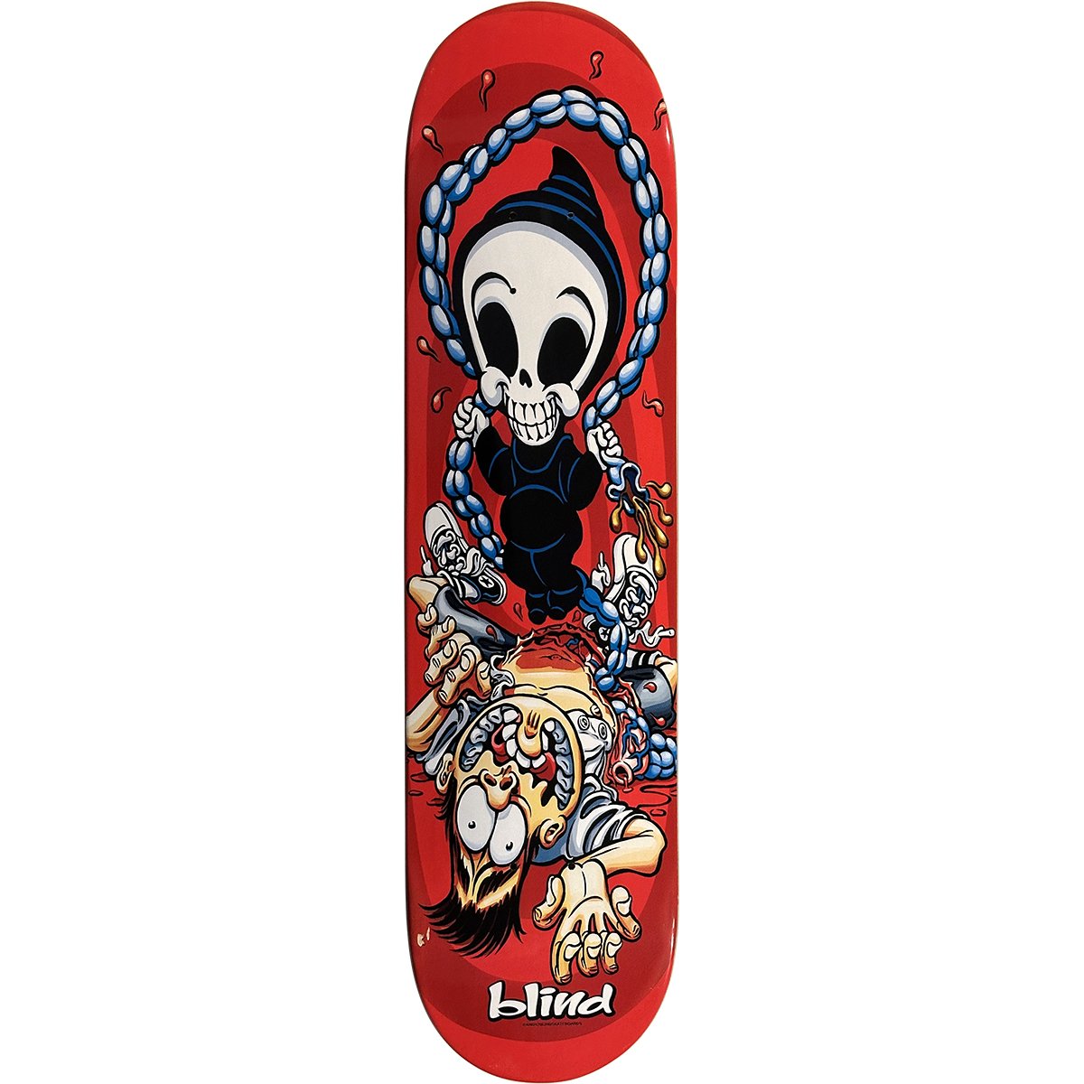 Blind Rope-a-Dope skateboard deck: A cartoon grim reaper with a big grin swings on a chain of bones above a screaming skater lying on his back with his insides spilling out, on a glossy red deck. Blind logo at the tail.