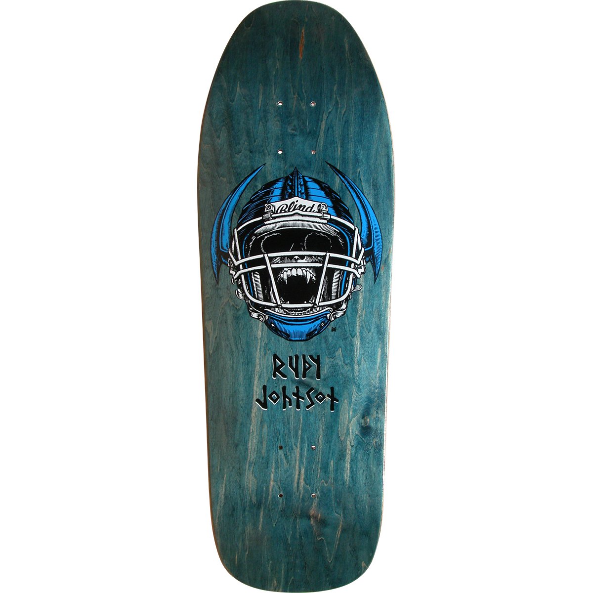 Blind Rudy Johnson Jock Skull skateboard deck: A snarling skull with fangs wearing an American football helmet with a facemask, framed by blue horn-like shapes, with a Blind banner across the forehead. The rider's name is in runic-style lettering below, on a teal stained old-school deck.