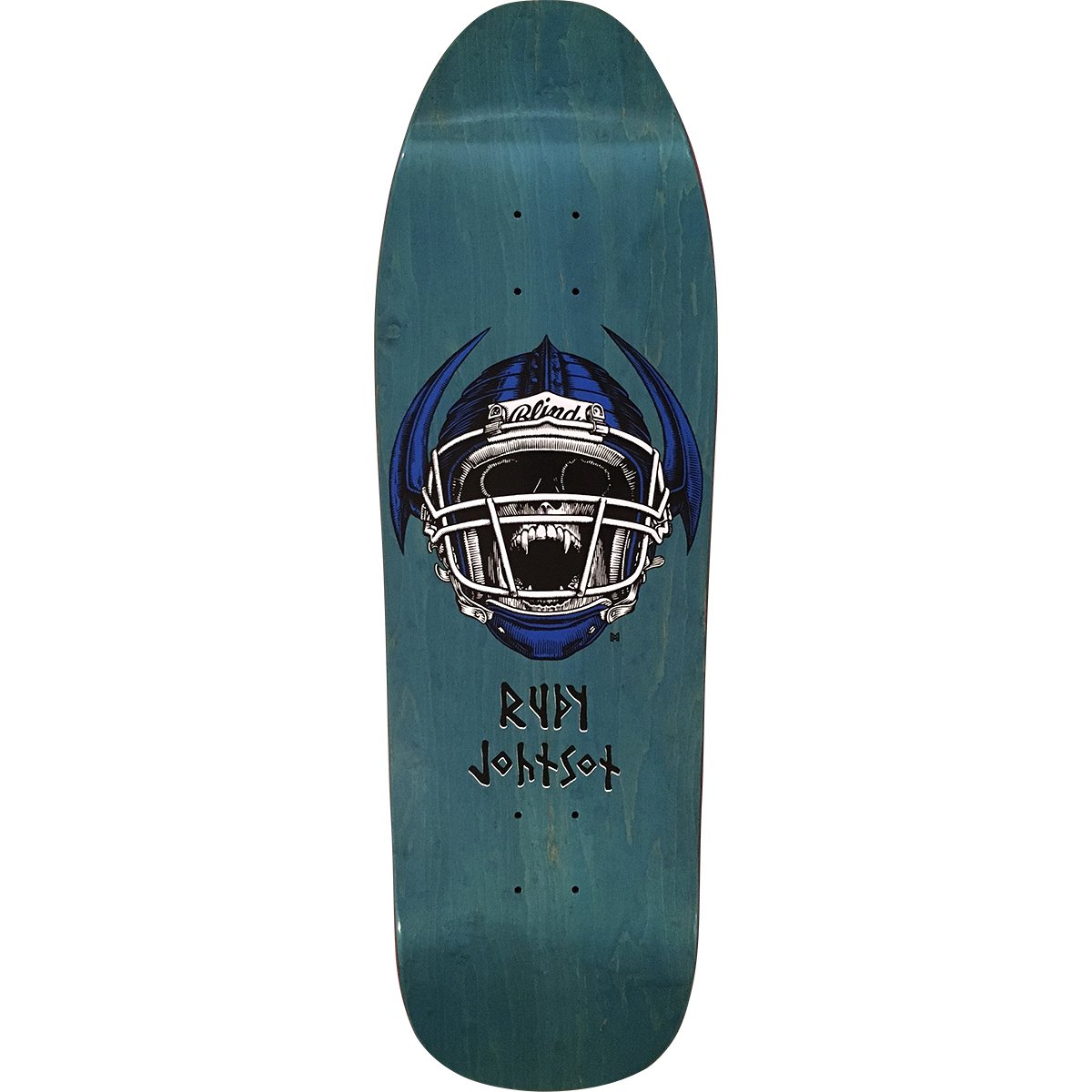 Blind Rudy Johnson Jock Skull Reissue skateboard deck: A snarling skull wearing an American football helmet with a Blind-labelled strap and blue bat-like wings, with 'Rudy Johnson' in runic-style lettering beneath, on a teal-stained old-school shape.