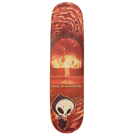 Blind Shroom Doom skateboard deck: A nuclear mushroom cloud explosion across a red-orange psychedelic background patterned with mushrooms, with the Blind name in the middle and a small cartoon grim reaper skull character at the bottom.