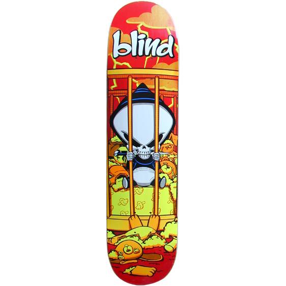 Blind Switchblade skateboard deck: Cartoon Blind reaper kid with skull face and hooded head gripping the bars of a cage cot in front of scattered toys, under a stormy orange and red sky. White 'blind' logo at the top.