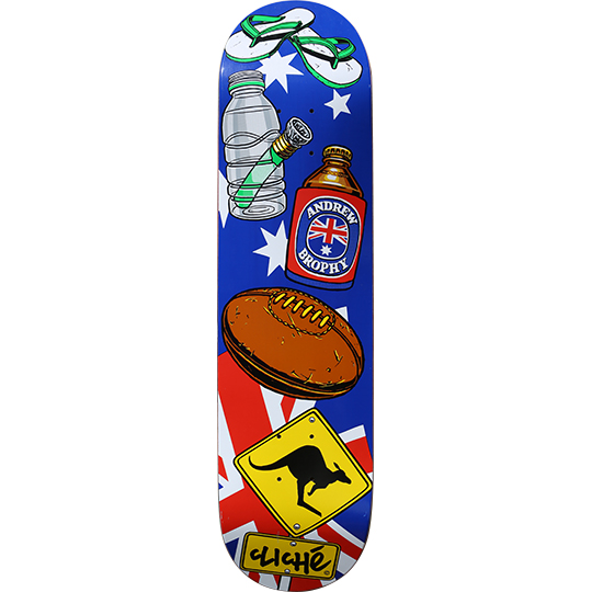 Cliché Andrew Brophy Icons Series skateboard deck: Cartoon-style stack of Australian icons on a blue starry and Union Jack flag background: flip-flops, a water bottle, a beer can with the rider's name, a footy ball and a kangaroo road sign above the Cliché logo.