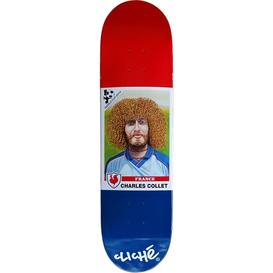 Cliché Charles Collet World Cup Series skateboard deck: Football sticker-card style portrait of a man with a large curly ginger afro and beard in a pale blue France shirt, with a World Cup 2014 logo and a cockerel badge. The deck is red at the top and blue at the tail.