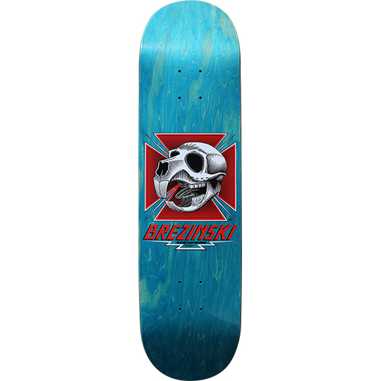 Cliché Joey Brezinski Beaver Skull (unreleased) skateboard deck: Grey animal skull with large teeth and a red lightning bolt on a red iron-cross background with blue rays, above red BREZINSKI lettering, on a teal stained deck.