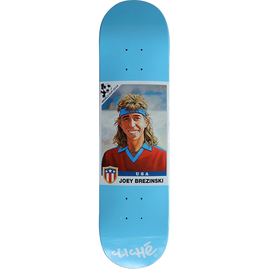 Cliché Joey Brezinski World Cup Series skateboard deck: Football sticker-card style painted portrait of a smiling man with a mullet and blue headband, wearing a red jumper, with a USA shield and name caption, on a sky blue deck. Cliché logo at the tail.