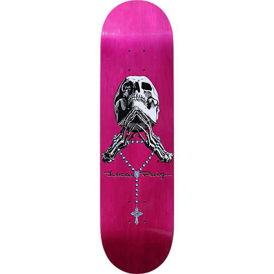 Cliché Lucas Puig Skull and Rosary (unreleased) skateboard deck: Pink-stained deck with a realistic skull resting on skeletal hands in prayer, with a blue rosary hanging down to a cross. Lucas Puig signature below.