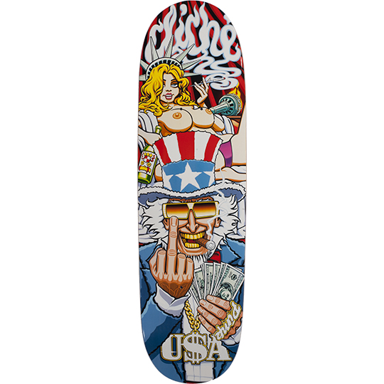 Cliché Pimp and Ho skateboard deck: Cartoon of Uncle Sam in gold-lensed sunglasses, grinning with a cigar, giving the finger and holding a wad of dollars, with a gold dollar chain. Behind him a blonde Statue of Liberty figure, topless, smokes. Cliché logo in smoke at the top.