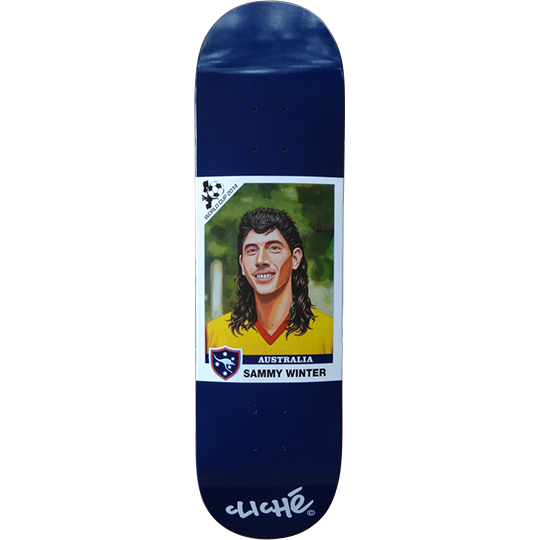 Cliché Sammy Winter World Cup Series skateboard deck: A painted football sticker-card portrait of a smiling mulleted man in a yellow Australia shirt, with a small shield badge and World Cup 2014 ball logo, on a plain navy deck.