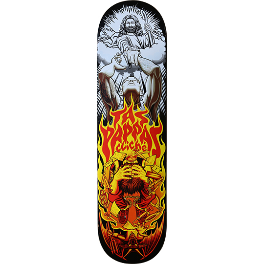 Cliché Tas Pappas Guest Board skateboard deck: A bearded robed figure in rays above clouds reaches down to a muscular man's hand, with Tas Pappas in flaming red and yellow lettering. Below, a figure holds his head amid fire, tools and a small devil.