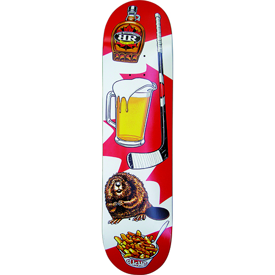 Cliché The Boardroom Canada Collab Icons Series skateboard deck: Red and white Canadian flag-style background carrying a column of Canadian icons: a maple syrup bottle with a 'BR' label, a pint of beer, a hockey stick and puck, a beaver and a bowl of poutine. Cliché signature at the bottom.